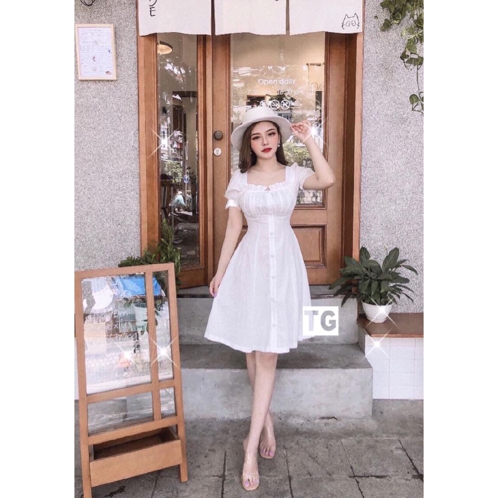 Váy đũi dáng xòe khuy bọc nhiều màu