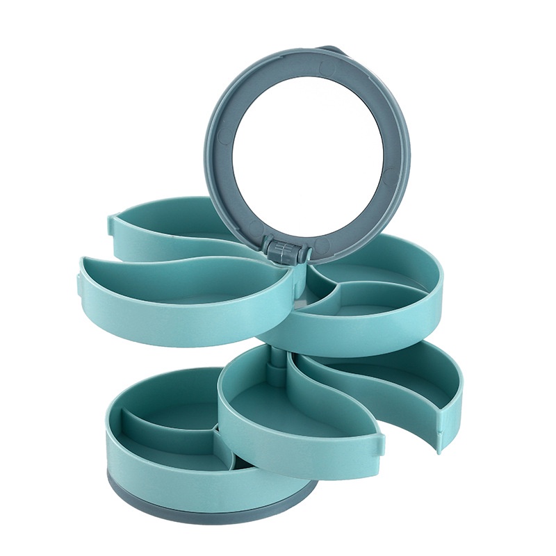 Hộp đựng trang sức khay xoay 360 độ có gương 4 tầng kệ đựng hoa tai dây chuyền nhẫn vòng cổ trang sức sang trọng nhỏ gọn