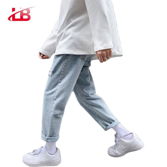 Quần baggy nam LB, jean denim cotton, cắt rách cá tính, bụi bặm, màu xanh sáng, BGSH6 | BigBuy360 - bigbuy360.vn