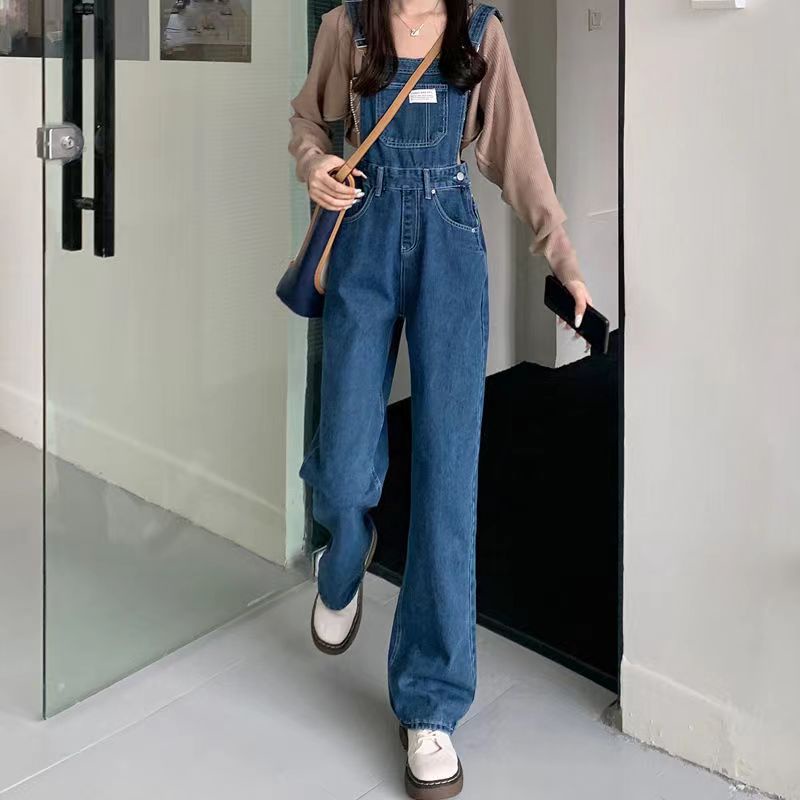 Quần yếm jean dài cho nữ ống thẳng màu xanh dáng rộng