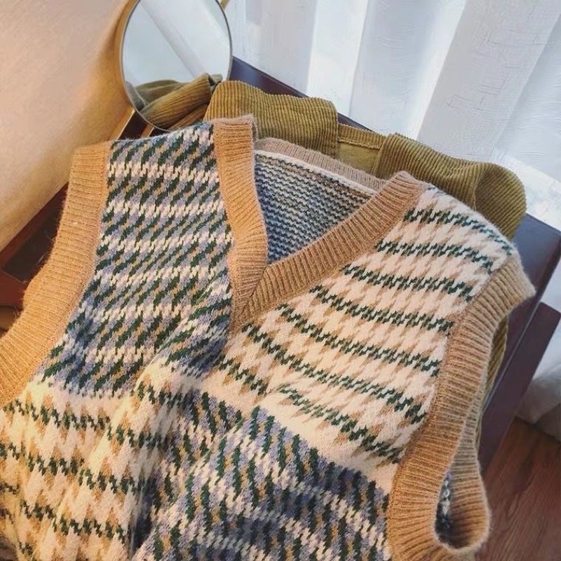 Áo Gile Len Nữ Cổ V Hoạ Tiết Vintage siêu Cá Tính GL001