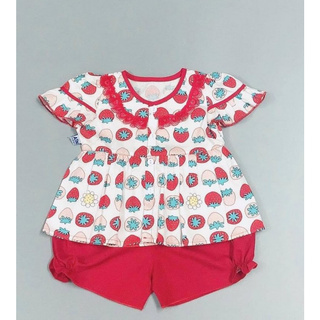 Bộ quần áo ngắn bé gái họa tiết Dâu viền ren đỏ cotton - AICDBGGTFLUM - AIN Closet