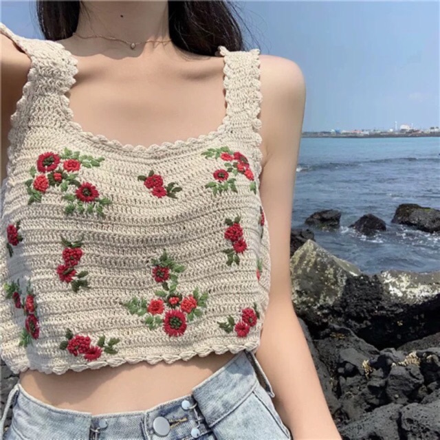 (Sẵn) Áo croptop 2 dây hoa thêu ulzzang đi biển / Áo cói croptop ( có ảnh thật )