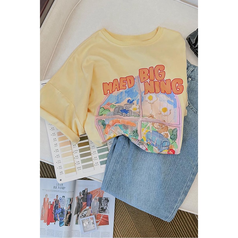 Áo thun HIIXIIVI 100% cotton tay ngắn cổ tròn in hình phong cách Hàn Quốc thời trang mùa hè 2022 cho nữ