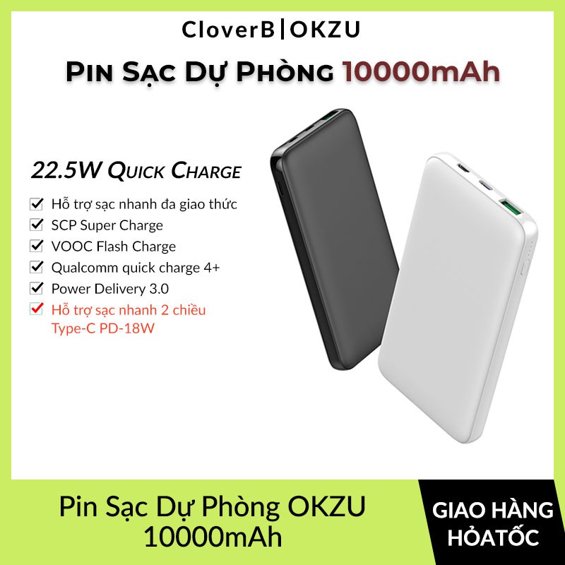 Pin Sạc Dự Phòng OKZU 10000mAh 22.5W Hỗ Trợ Sạc Nhanh 2 Chiều, PD3.0, QC4.0, SCP, FCP, VOOC, Đèn LED Báo Hiệu Sạc Nhanh