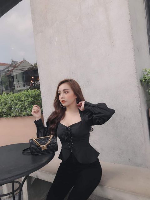 Áo crop đan dây tay phồng dài (2 màu)