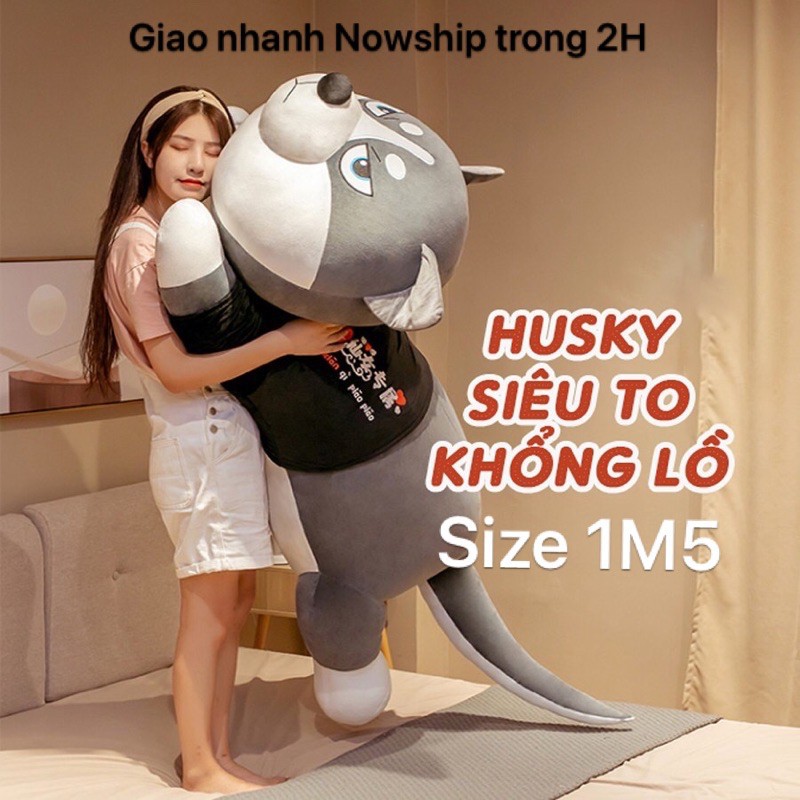 Freeship Gấu bông Chó husky, chó ngáo size 1M5 Siêu to khổng lồ.