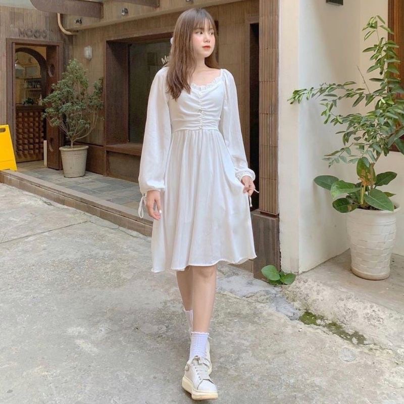 Váy babydoll, váy đi biển trắng tiểu thư, bánh bèo dáng dài tay bồng, đầm dự tiệc, đi chơi siêu xinh dáng xòe, VAY005