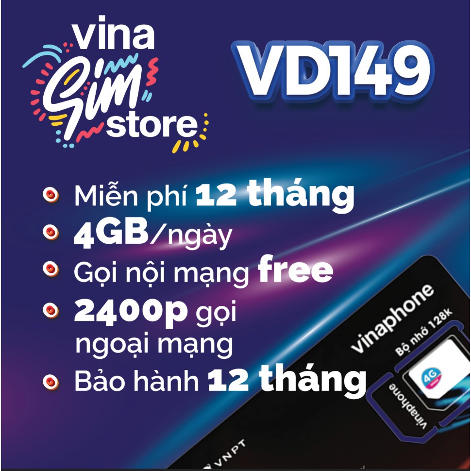 SIM 4G VINA VD149 D60G D500T 12 THÁNG TRỌN GÓI KO CẦN NẠP TIỀN SIÊU RẺ