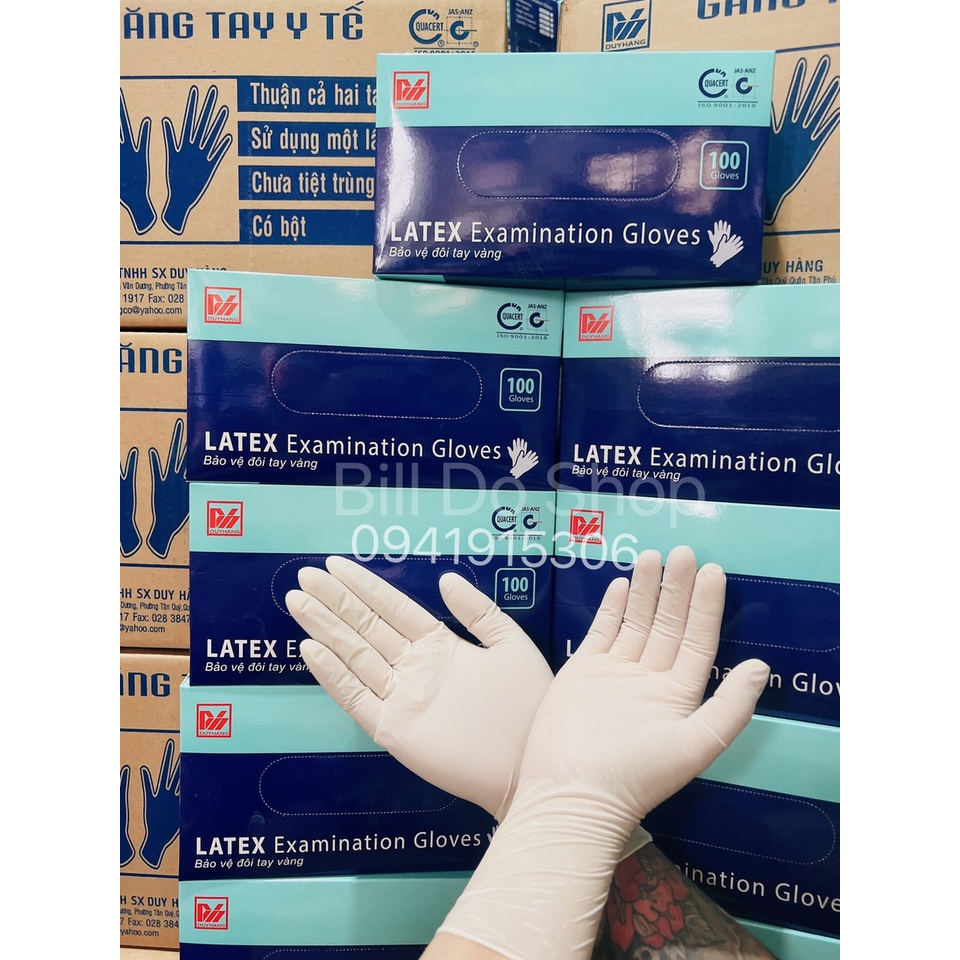 Găng Tay Cao Su Latex Có Bột Chính Hãng DUY HÀNG Loại 1_Hộp 100 Chiếc=50 Đôi Găng Tay Latex Màu Kem Dày, Dẻo Co Dãn Tốt