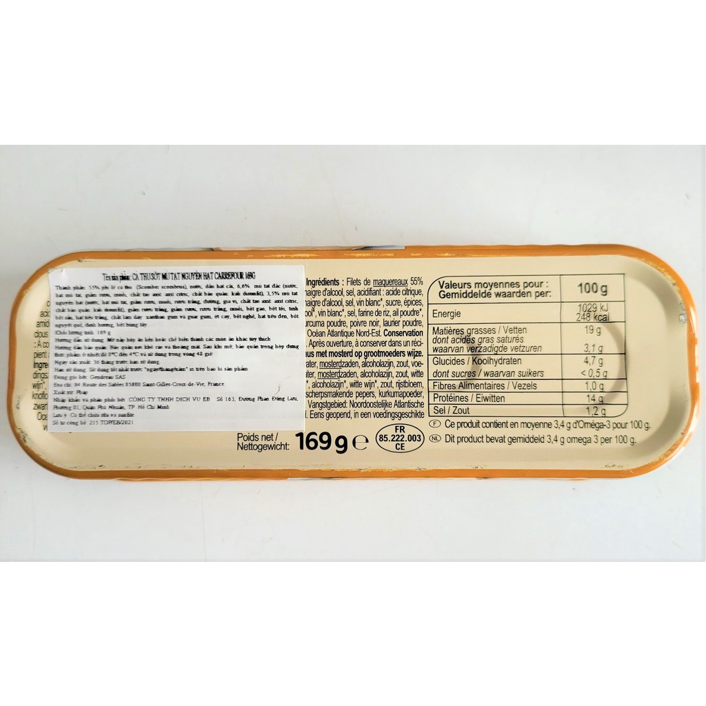 [Hộp 169g - CAM] CÁ THU XỐT MÙ TẠT NGUYÊN HẠT [France] CARREFOUR Mackerel with Whole Grain Mustard (atp)