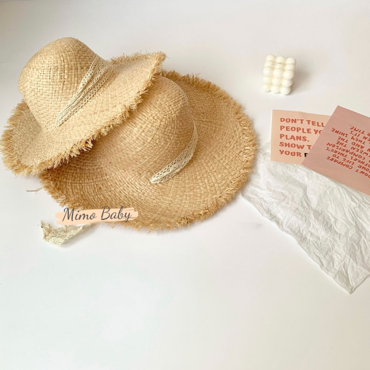 Mũ cói vành rộng đi biển thắt dây ren xinh xắn cho bé MH107 Mimo Baby