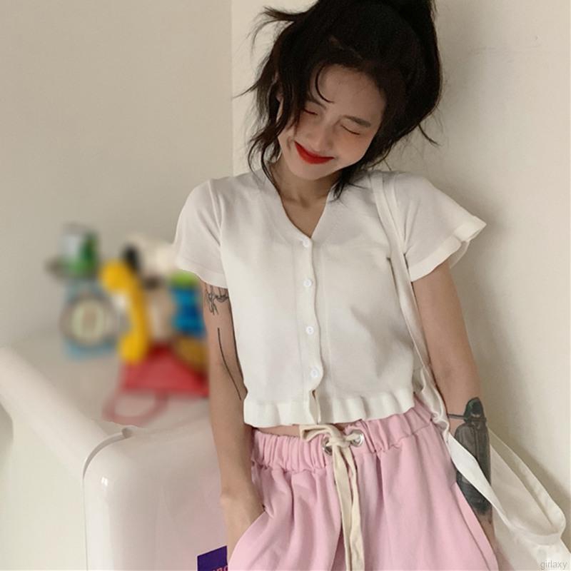 Áo Len Tay Ngắn Cổ Chữ V Phong Cách Hàn Quốc Cho Nữ