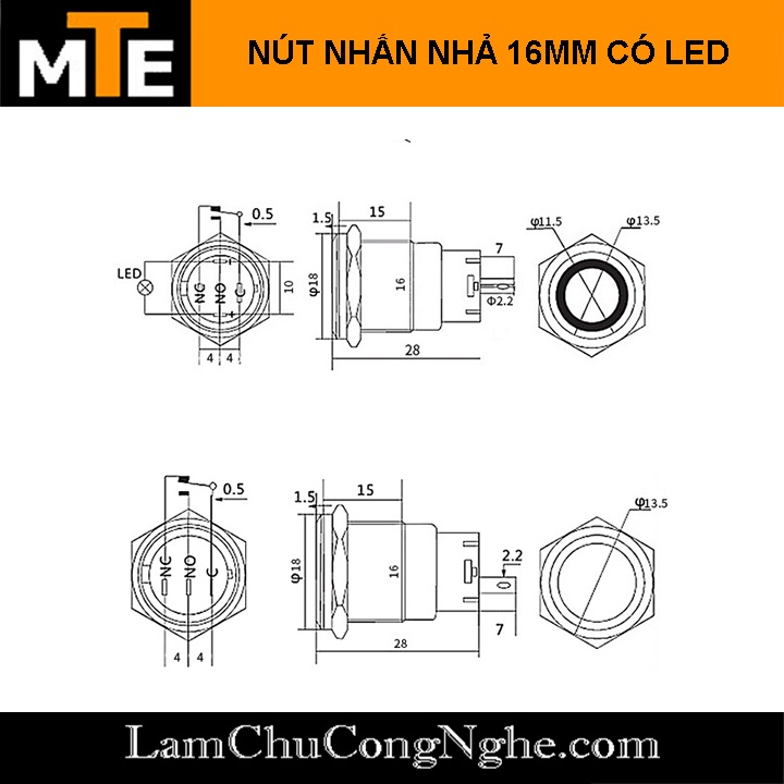 Nút nhấn nhả vỏ kim loại chống nước có led 16mm
