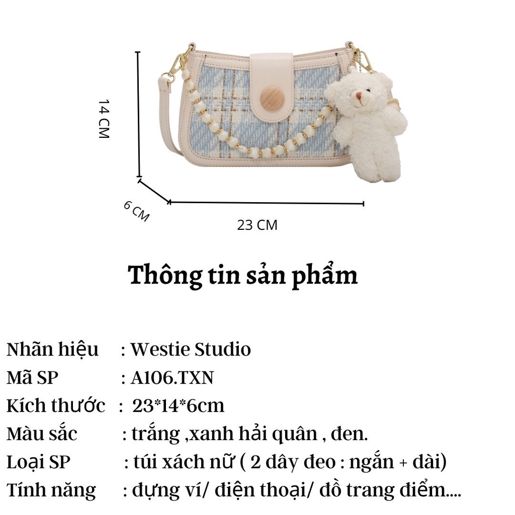 Túi kẹp nách - Túi đeo chéo nữ khóa tròn kẻ caro tặng kèm móc khóa gấu phong cách Hàn Quốc WESTIE - A106.TXN