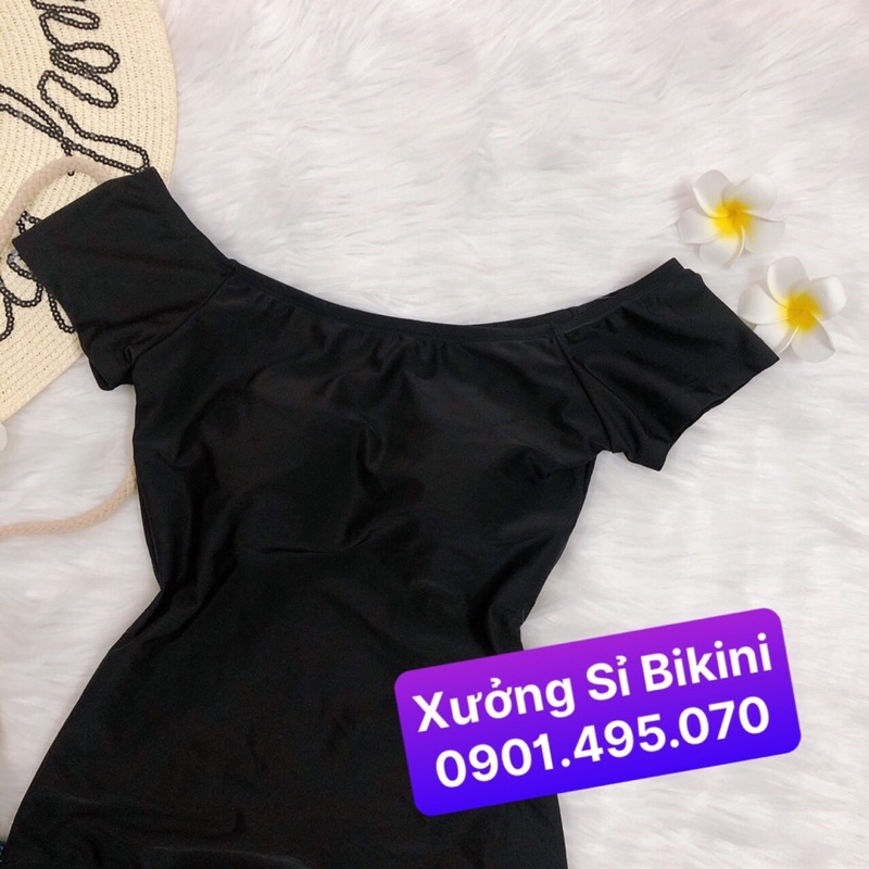 [BIKINI 1 MẢNH NỮ] Đồ bơi liền mảnh trễ vai tay con kín đáo mặc được nhiều kiểu màu đen sang chảnh