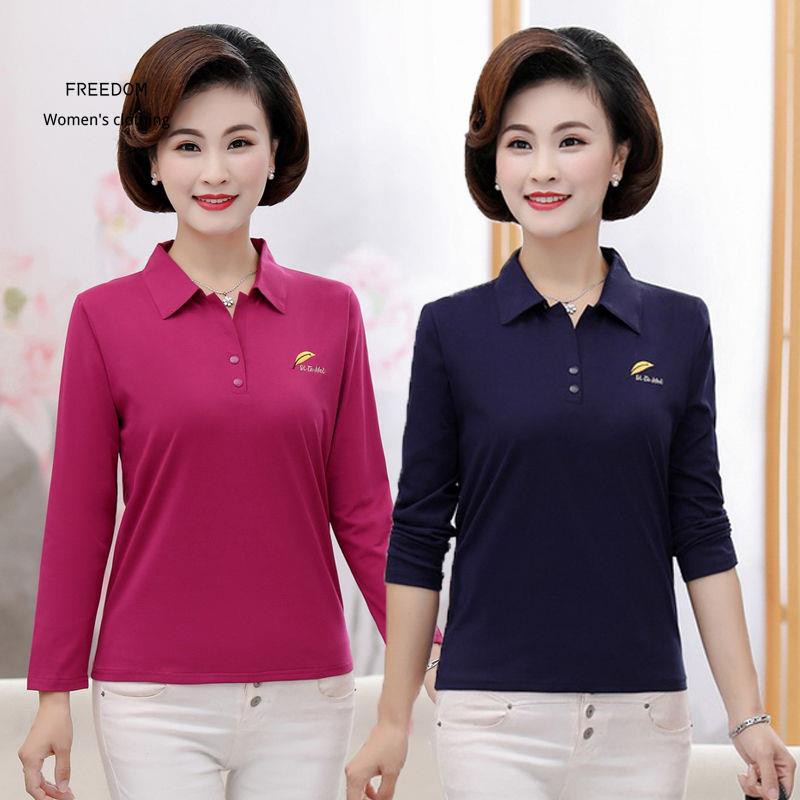 > Montagut Các bà mẹ phụ nữ trung niên mặc áo phông, phông dài tay có ve của 30-40-50 Tuổi cotton thuần khiết mùa thu <