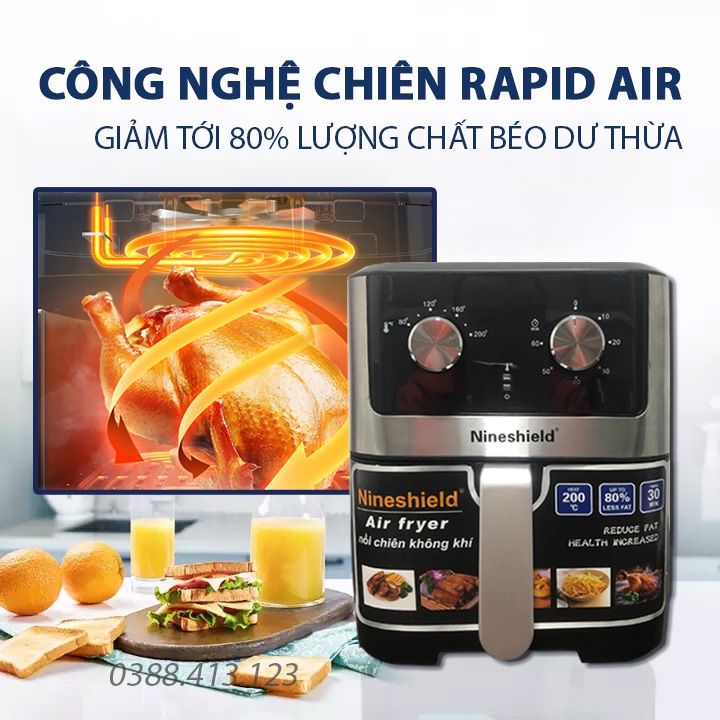 [MUA 1 TẶNG 1] Nồi chiên không dầu NineShield 9 Lít - Model KB-1000 - Nồi chiên không dầu cỡ đại - Bếp nướng không khí