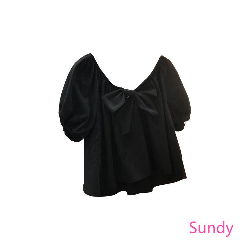 Áo Kiểu Tay Phồng Đính Nơ Màu Trơn Phong Cách Hàn Quốc Plus Size Dành Cho Nữ