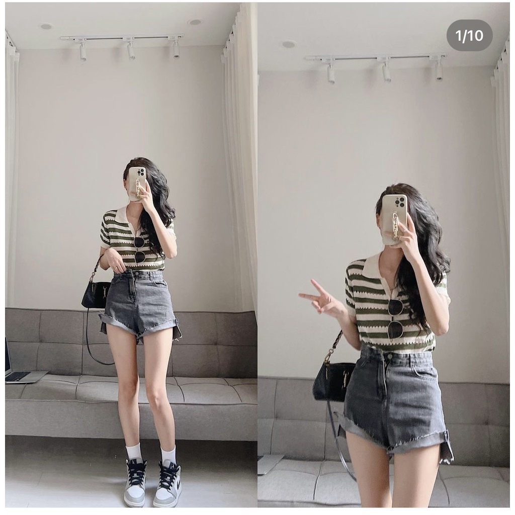 Áo len móc polo cổ V có tay Hàn Quốc 2022