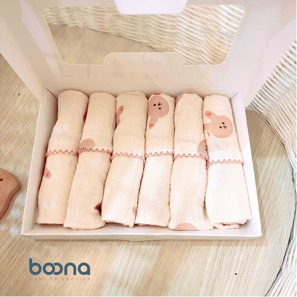 [CHÍNH HÃNG] Hộp 6 khăn sữa muslin mềm mại kích thước 30cm x 30cm họa tiết đáng yêu Boona