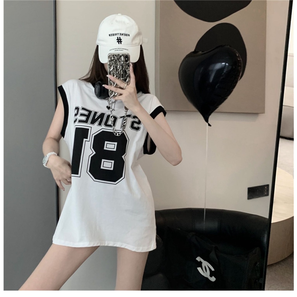 Áo ba lỗ ZHELIHANGFEI thể thao dáng rộng in họa tiết chữ số thời trang dễ phối đồ dành cho nữ