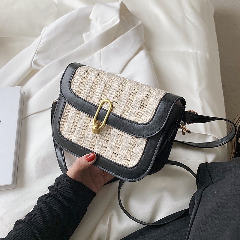 Túi Cói Đeo Chéo Pha Da Dáng Hộp Nắp Gài Phong Cách Giới Trẻ Hàn Quốc [ hàng mới giá tốt]