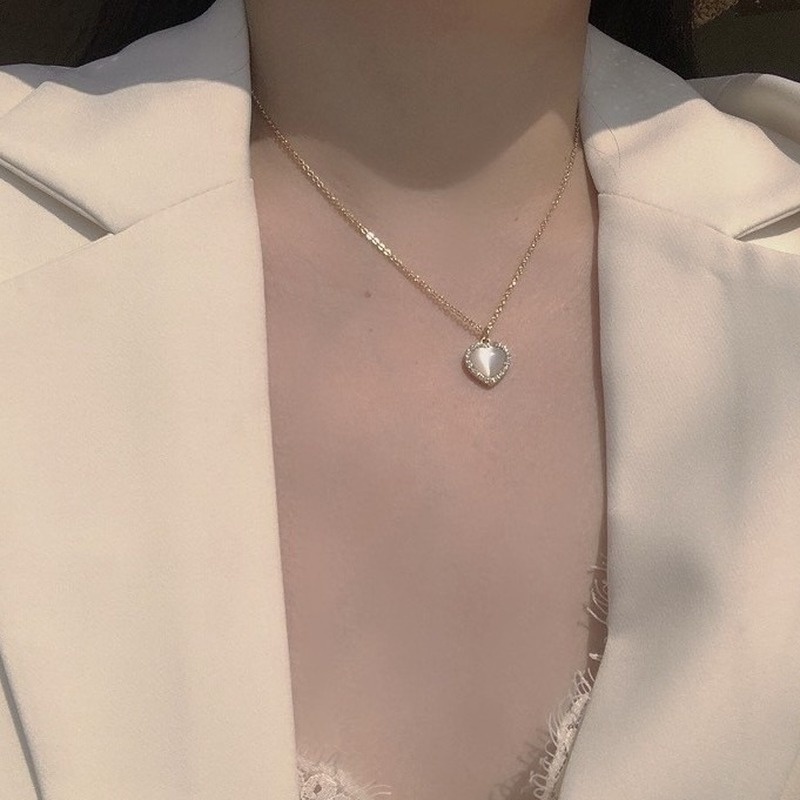 Vòng cổ mặt trái tim đính đá opal phong cách Hàn Quốc thời trang