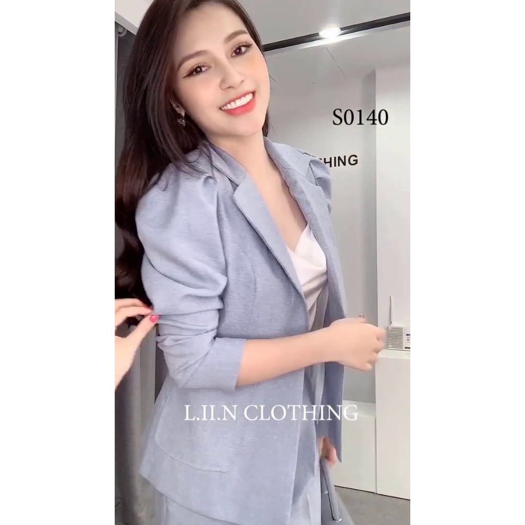 Set Bộ Áo Vest Nữ Công sở màu Xanh Thiết kế độn vai Phối cùng quần Baggy bán tách set