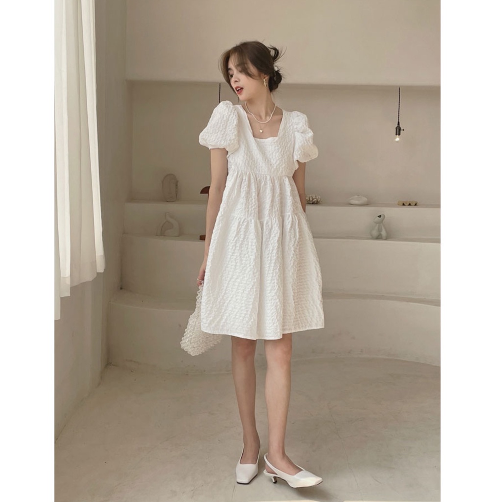 Váy đầm babydoll tiểu thư cổ vuông tay bồng thắt nơ sau lưng váy xoè nữ Kozoda D39
