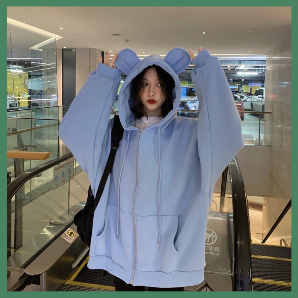 Áo Khoác Hoodie Zip Trơn Tai Thỏ Dễ Thương - La mode
