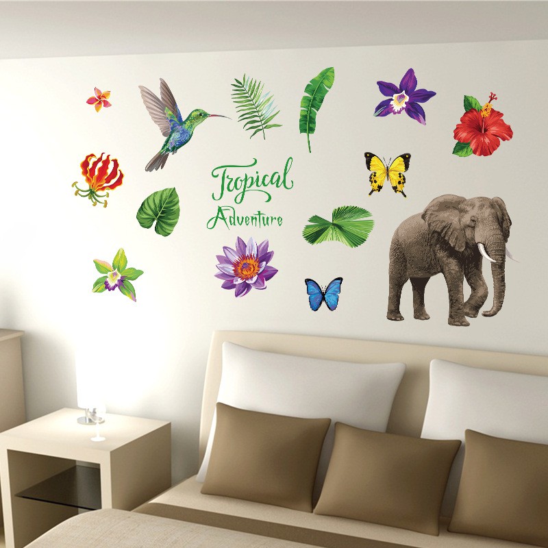 Decal dán tường - Giấy dán tường - Rừng rậm amazol - Voi - scenedecal