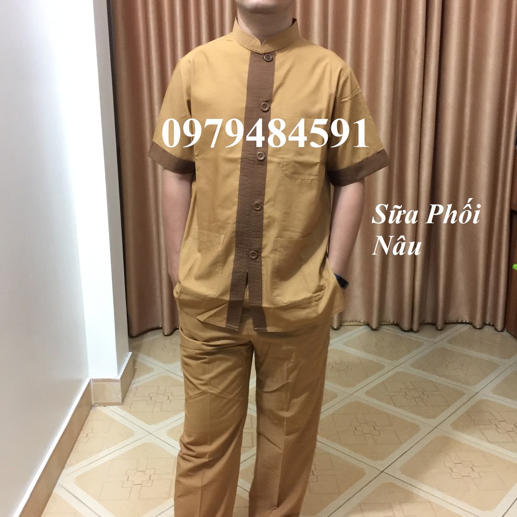 NHẬP MÃ "QUANTD12" GIẢM GIÁ 10%: BỘ QUẦN ÁO PHẬT TỬ - QUẦN ÁO ĐI CHÙA: BỘ NAM ĐÀI LOAN TAY NGẮN MÀU SỮA PHỐI NÂU