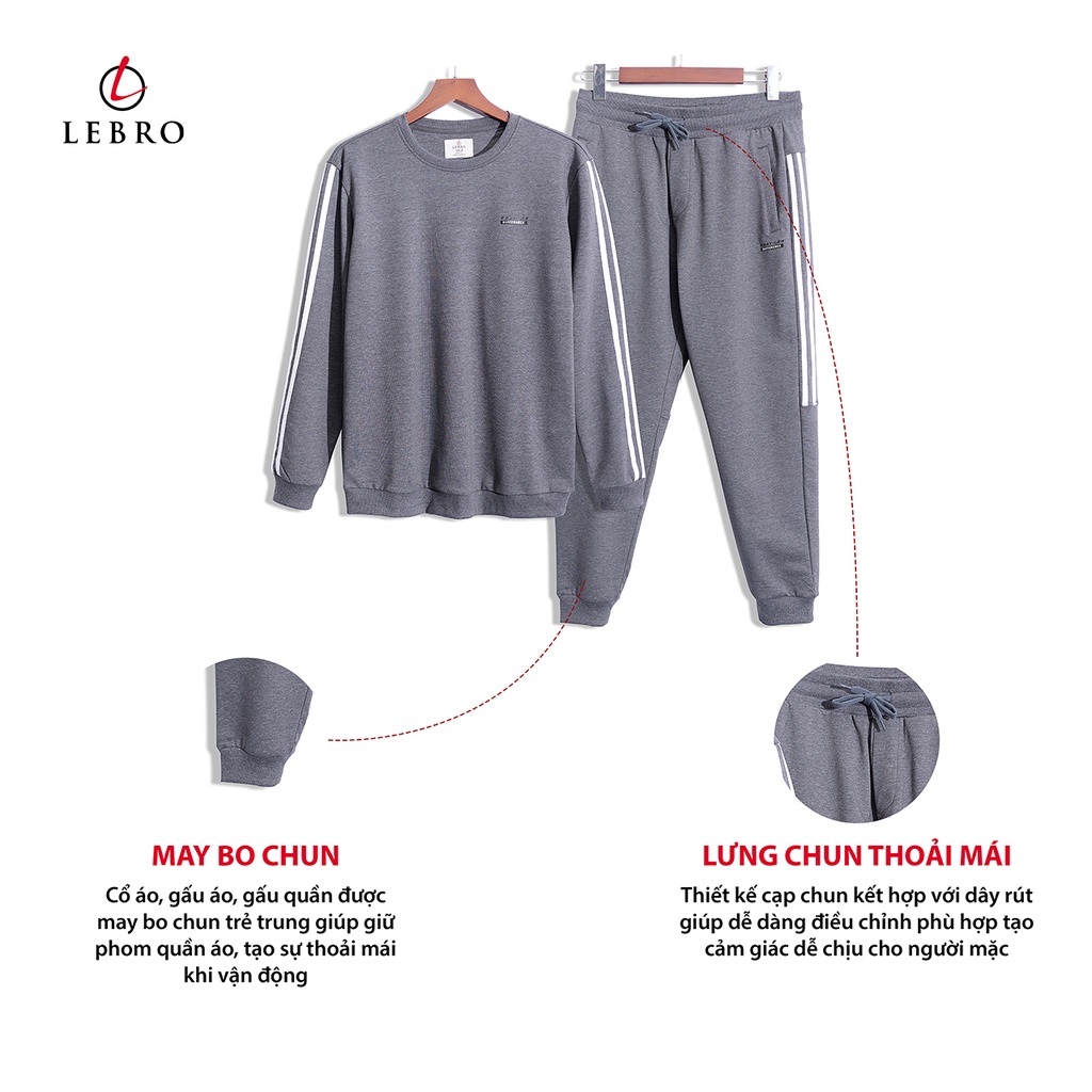 Bộ nỉ nam cổ tròn Lebro kẻ sọc dáng thể thao năng động, chất liệu Cotton cao cấp siêu co giãn không bai xù ( BN03)
