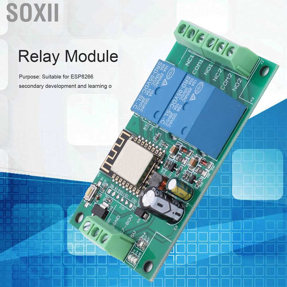 Soxii Wi-Fi Relay Module Dual‑Channel PCB DC 8‑80V for ESP8266 Secondary Development Learning