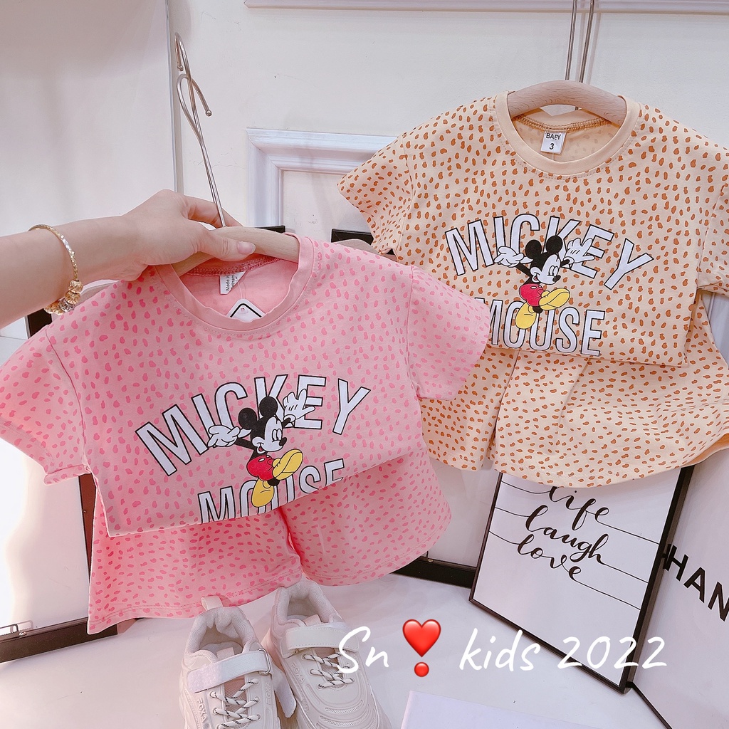 Bộ cộc tay bé gái, bộ mickey beo phối quần giả váy xinh xinh cho bé