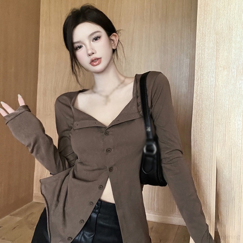 Áo Croptop Tay Dài Thoáng Khí Phong Cách Hàn Quốc Thời Trang Cho Nữ