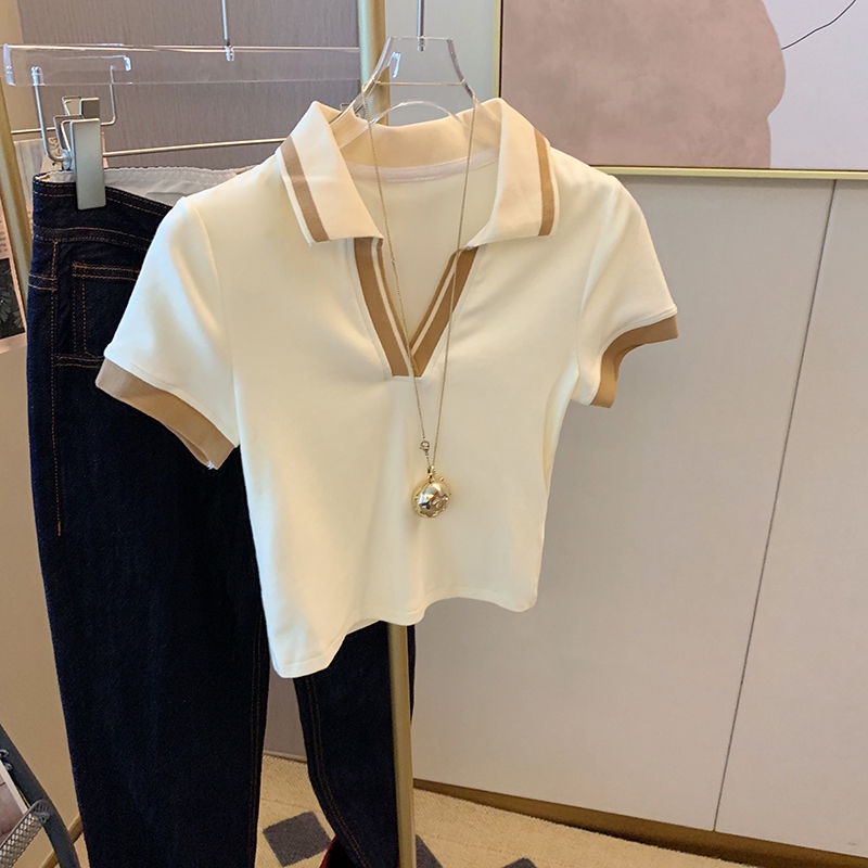 Pure desire for hot girls high waist slim short style design sense Polo collar short sleeved t-shirt women's summer 2022 new T-shirt blouse