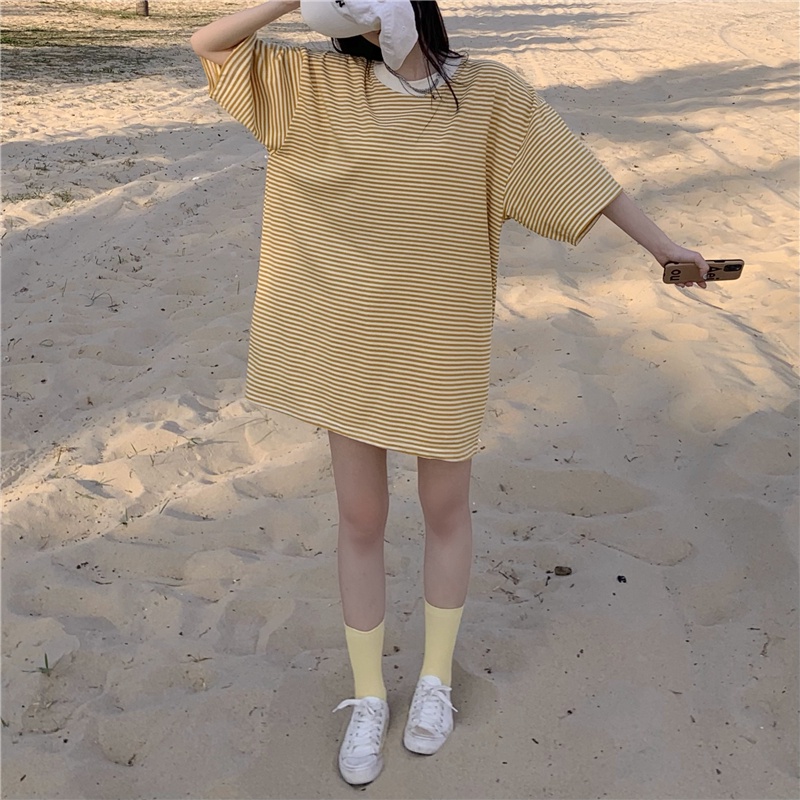 Áo thun IELGY ngắn tay dáng suông họa tiết kẻ sọc phong cách retro cho nữ