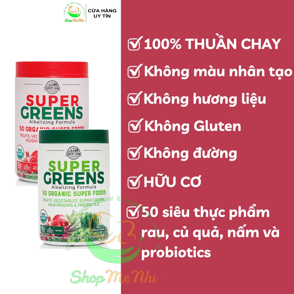 Hỗn hợp 50 siêu thực phẩm hữu cơ Country Farms Super Greens 300g.
