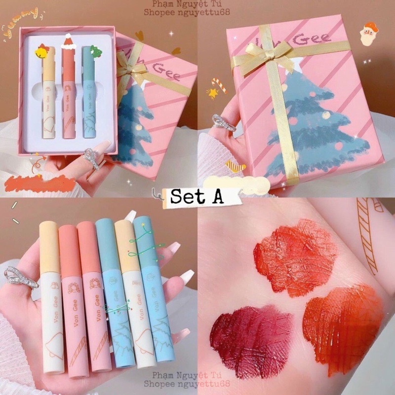 Set 3 son Von Gee kem lì siêu mịn lâu trôi phong cách giáng sinh