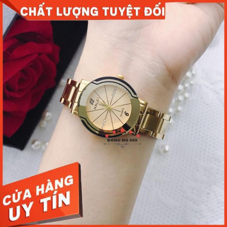 FREESHIP - Đồng hồ nữ Halei dây vàng mặt tròn sang chảnh, chống nước chống xước - HL457 | BigBuy360 - bigbuy360.vn