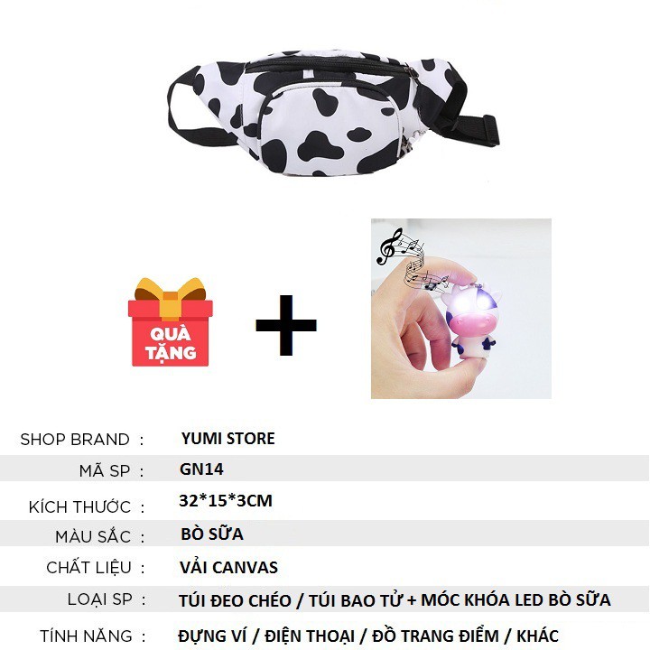 Túi Đeo Chéo Nữ, Túi Bao Tử Họa Tiết Bò Sữa + Tặng Kèm Móc Khóa Bò Sữa Có Đèn LED GN14