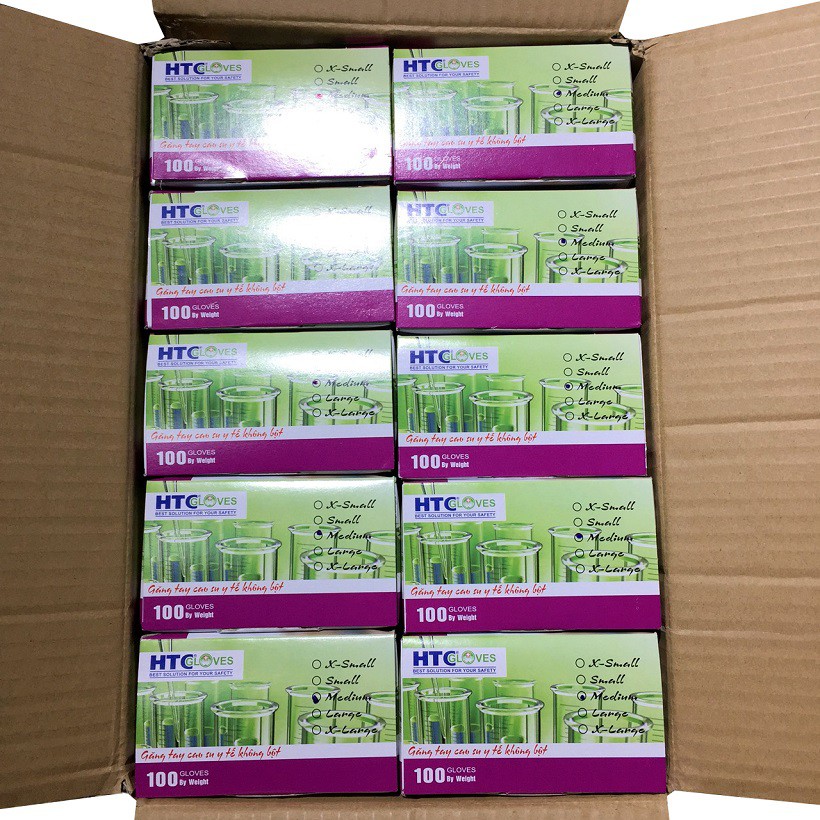 Bao tay y tế không bột HTC cao su Latex 10 hộp/thùng 100 cái/hộp.
