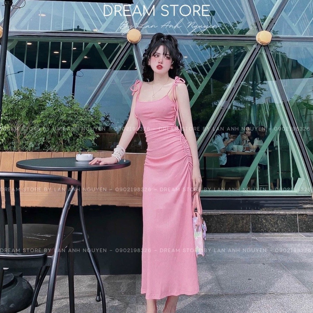 Đầm 2 dây cột vai nhúm sườn dáng dài ôm body trơn cực xinh , chất thun gân mềm mịn mk