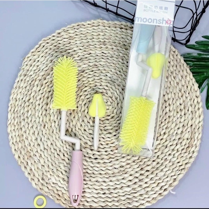 Bộ chổi cọ silicon rửa vệ sinh bình sữa và núm ti moonship cao cấp 2 chi tiết xoay 360 độ cho bé