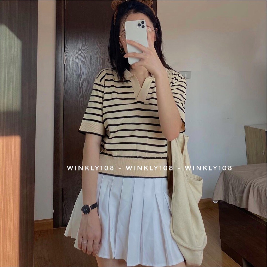 [Ảnh thật ] Áo len mỏng kẻ ngang cộc tay ulzzang