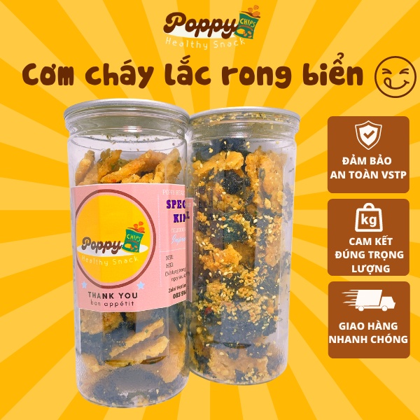 Cơm cháy lắc rong biển hũ cao cấp 300 g, đồ ăn vặt POPPY, thơm ngon giòn tan, đồ ăn vặt vừa rẻ vừa ngon