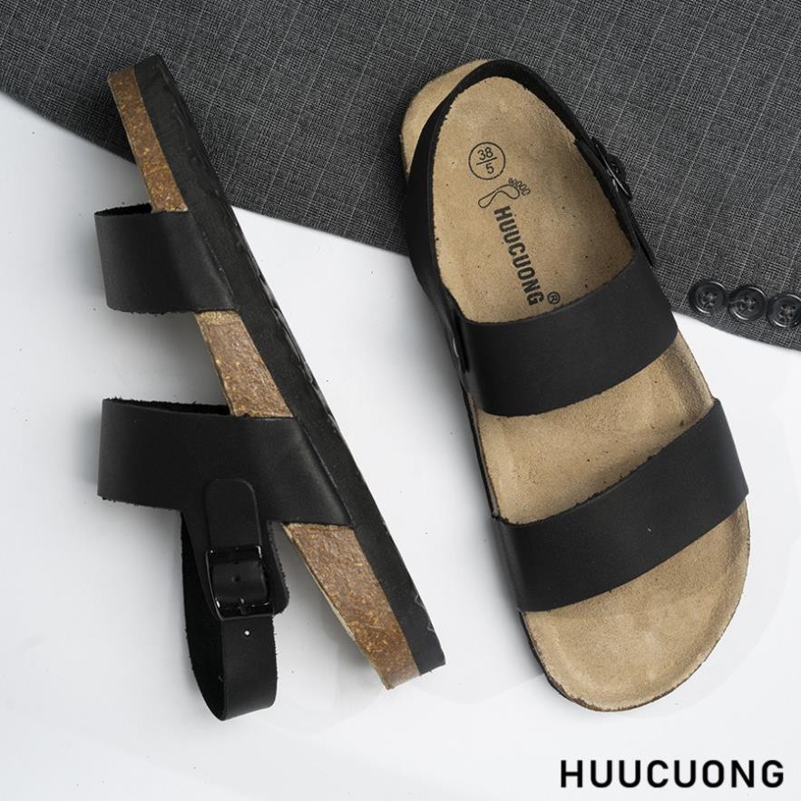 Giày sandal unisex Quai Ngang 2 Quai HUUCUONG Quai Da Thật Màu Đen Đế Trấu