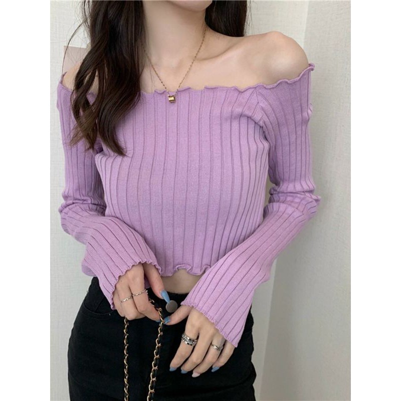 Áo len trễ vai bèo croptop hàng QC
